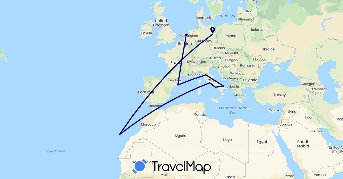 TravelMap itinerary: driving in Germany, Spain, Italy, Netherlands (Europe)